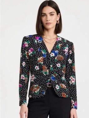 Vintage Argenti 100% pure silk Floral Polka Dot V-neck Long Sleeve Blouse size 4
